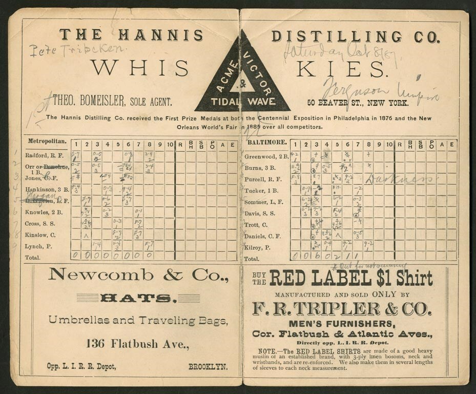 1887 Baltimore Orioles vs New York Metropolitans Program Score Card
