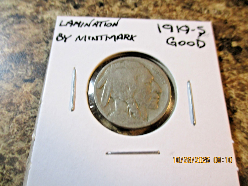1919-S BUFFALO NICKEL LAMINATION BY MINTMARK     RR