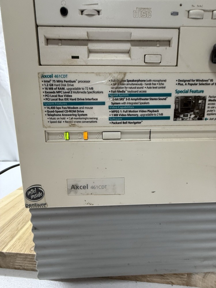 Packard Bell Axcel 461 CDT Vintage Pentium PC Win95 Tower Powers On Beeps AS-IS