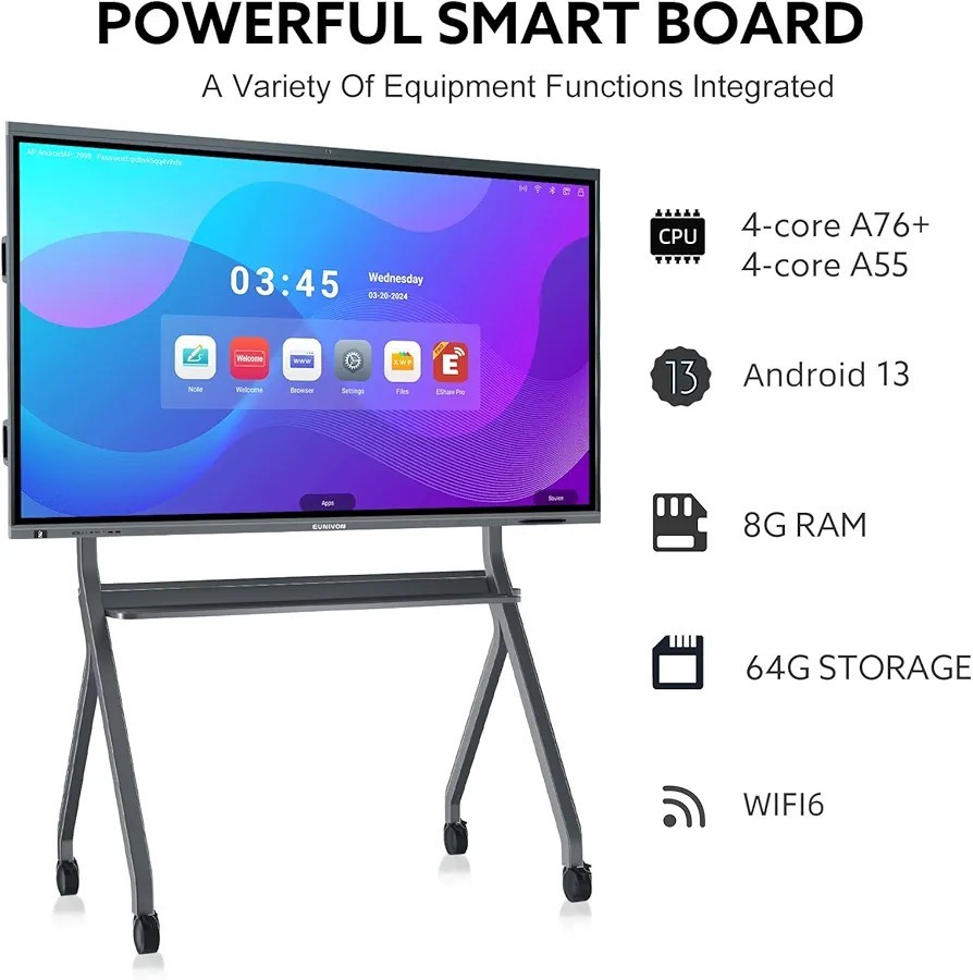 EUNIVON Smart Board 65'' 4K UHD Digital Whiteboard Touch Screen Electronic Pen