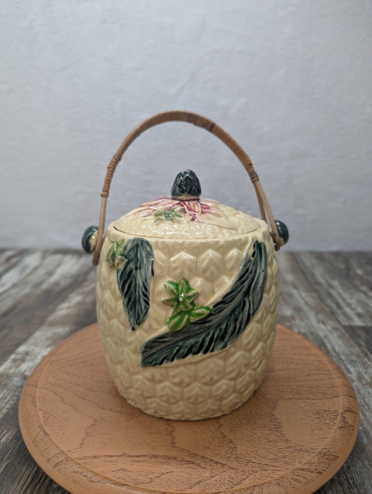 Vintage Ceramic Biscuit Jar Pineapple Pattern Wicker Handle Japanese.Nice 💙💚💛