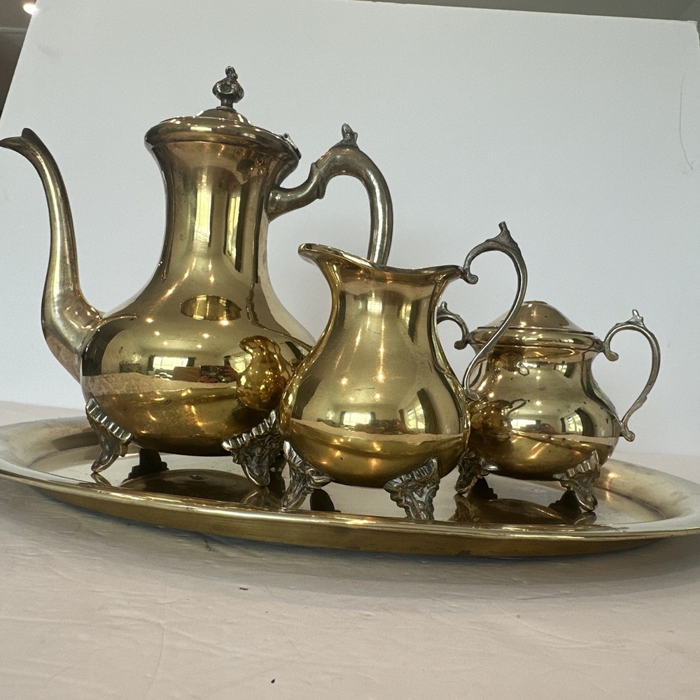 ETCHED BRASS TEA/COFFEE SET WITH TRAY. Good Condition