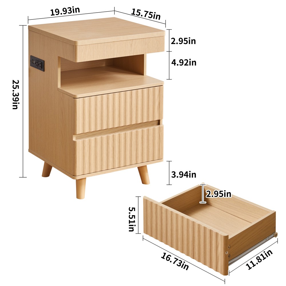 Modern Bedside Table with Gun Drawer,Bedside Table with Charging Station