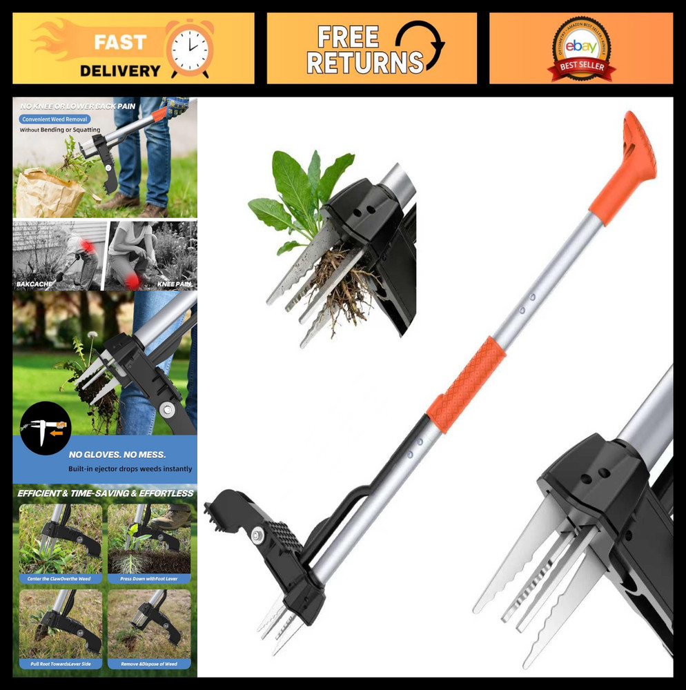 Heavy Duty Stand Up Weed Puller Tool - Long Handle Weeder with 4 Claws, Root Rem