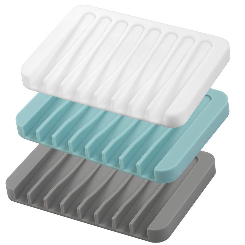 3PCS Self Draining Soap Holder, Premium Silicone Dish, White, Grey, Blue