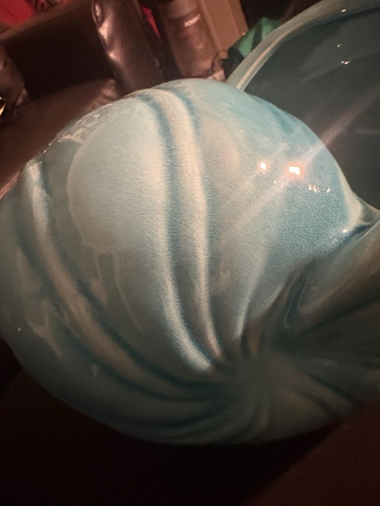 Blue Ceramic Seashell Planter Glossy Pottery 10" x 7" x 6" Solid Color