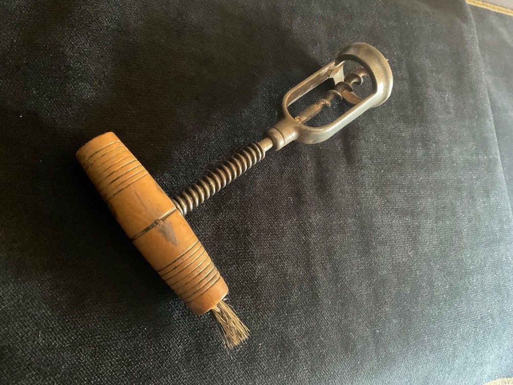 Antique Unique Spring Corkscrew Turned Wood Handle with Brush