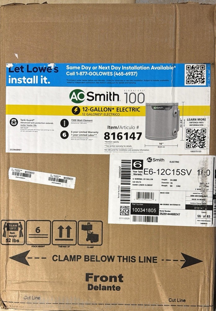 A.O Smith Signature 100 12 Gallon 1500 Watt Electric Water Heater E6-12C15SV