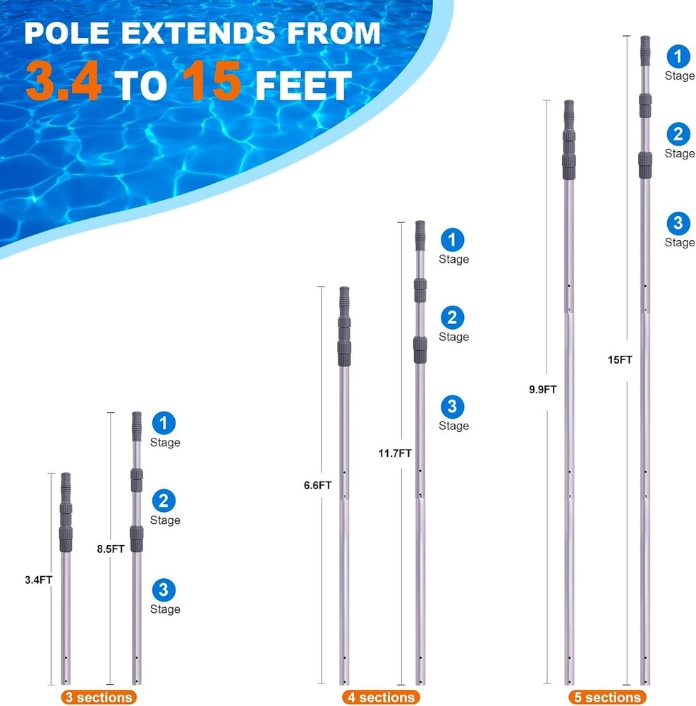 Sleek 15ft Telescoping Pool Pole - High-Strength, Adjustable Maintenance Tool