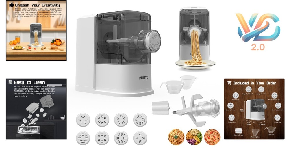 Electric Pasta Maker Machine Automatic 8 Discs Noodle Creator White