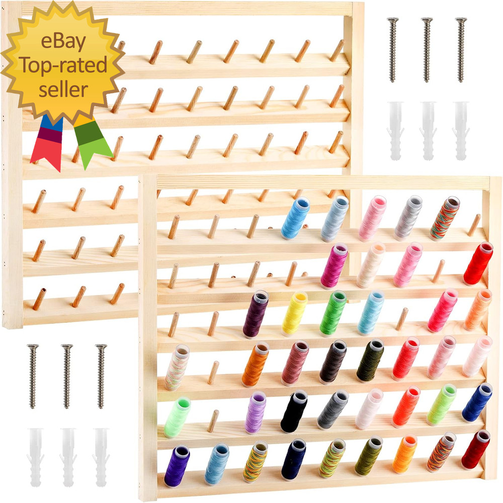 2 Pack 54 Spools Wooden Thread Holder, Large Racks, Wall Mount Storage Organizer