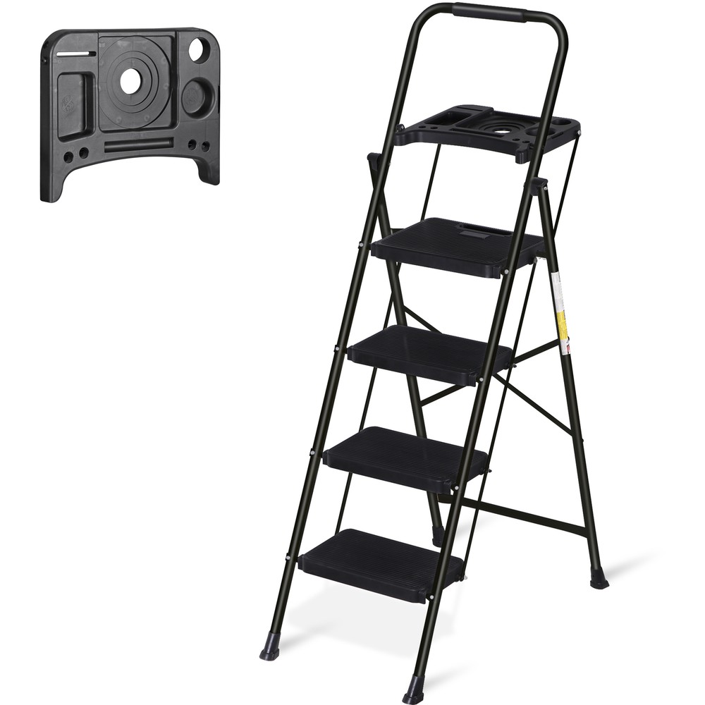 Step Ladder 4 Step Folding Black 330 Lbs Max Load Ladder Folding W/ Work Tray