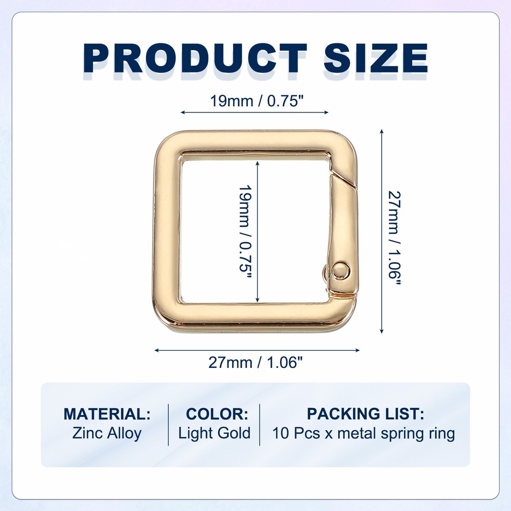 10 Pcs 27mm Square Shaped Spring Snap Keychain Clip for Purses Light Gold