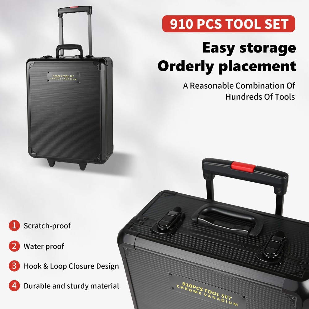 910-Pc Pro Tool Set w/4-Drawer Rolling Case - Complete Home & Auto Kit, Black