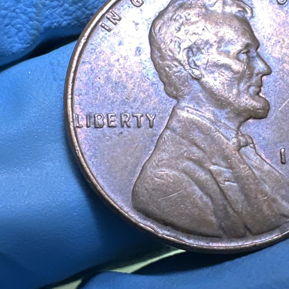 1957 D ERROR Wheat Penny / Die Chip Error Filled B