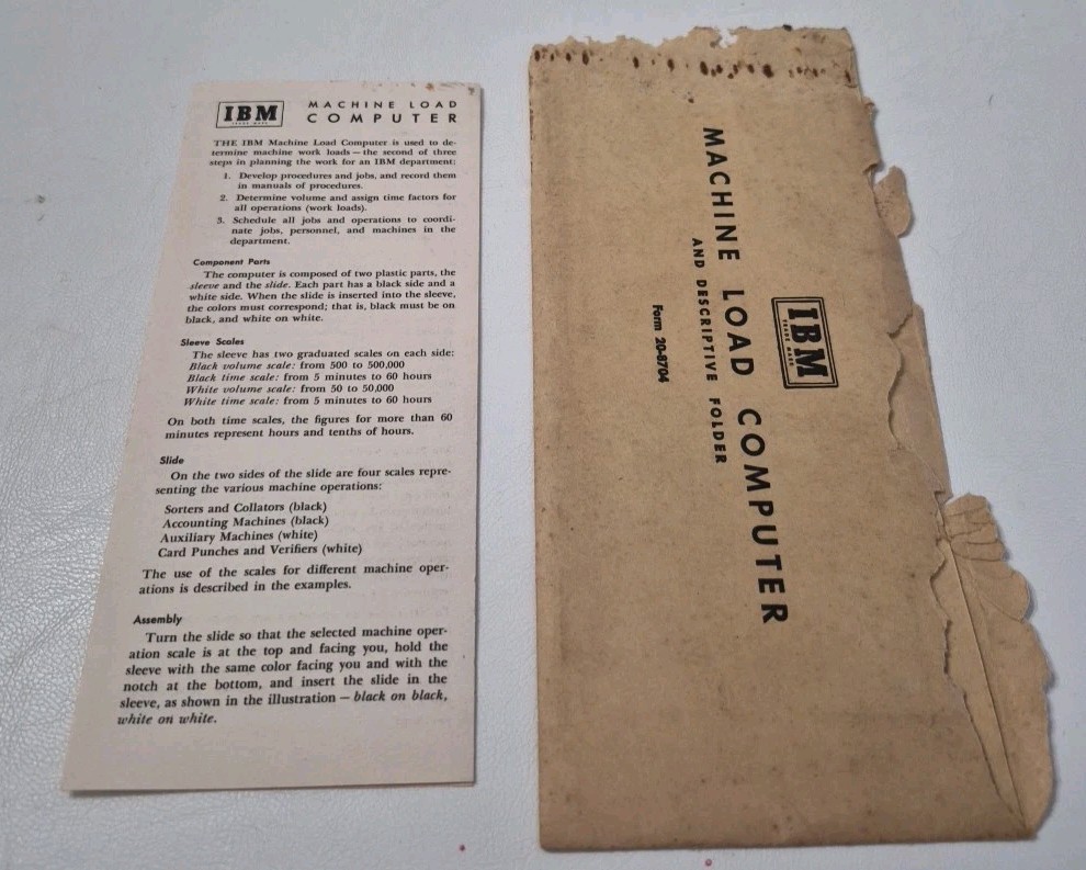 IBM Machine Load Computer & Descriptive Folder Slide Ruler 3 Pieces USA Vintage