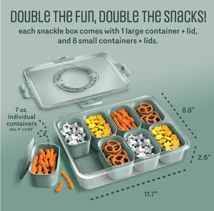8-Compartment Snack & Food Storage Box – Divided Tray with Lids, Handle, Sage