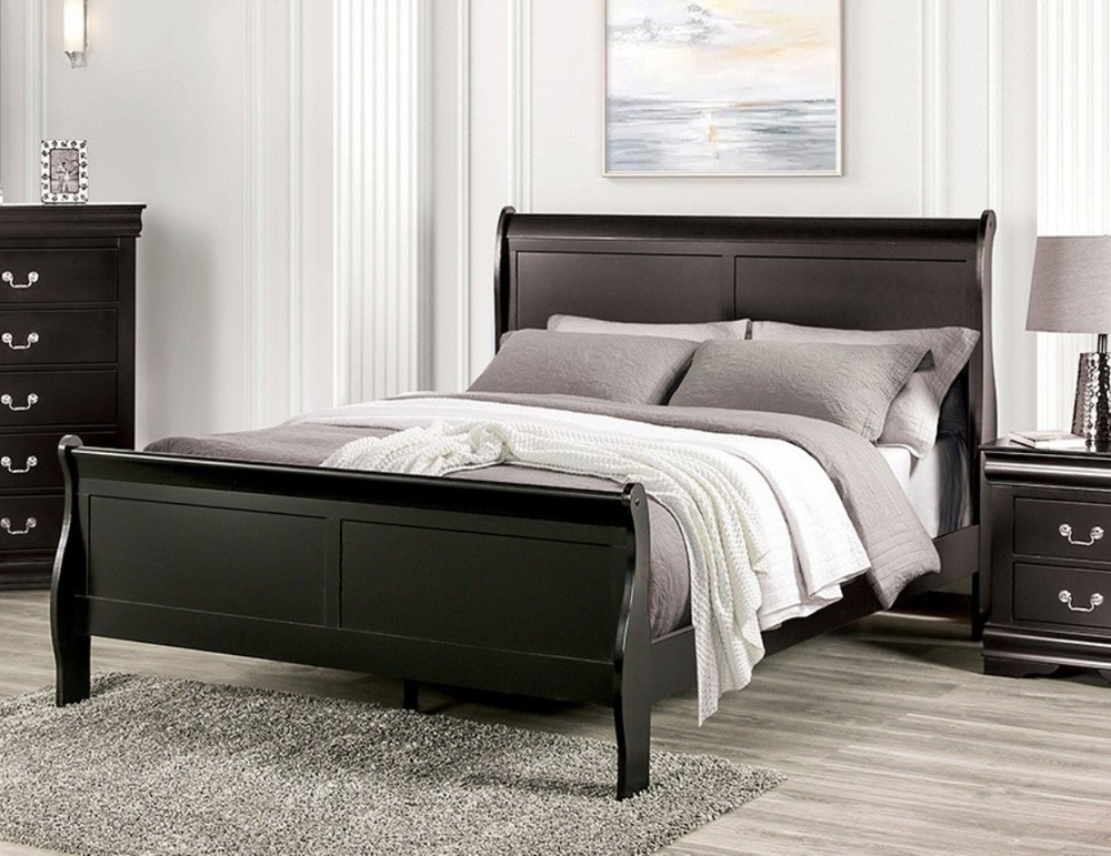 Louis Philippe Transitional Style Queen Size 6pc Bed Set Black Finish