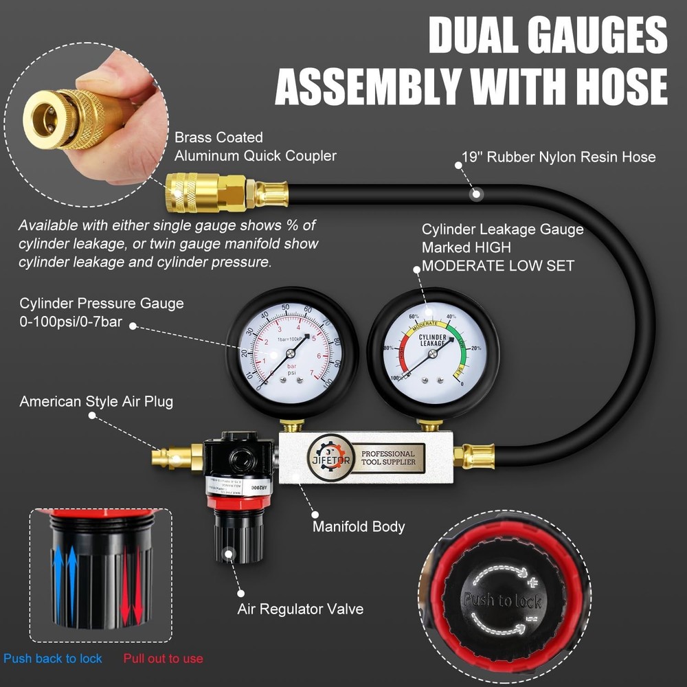 Engine Compression Dual Gauge Tester Kit with Detailed Manual & Carrying Case