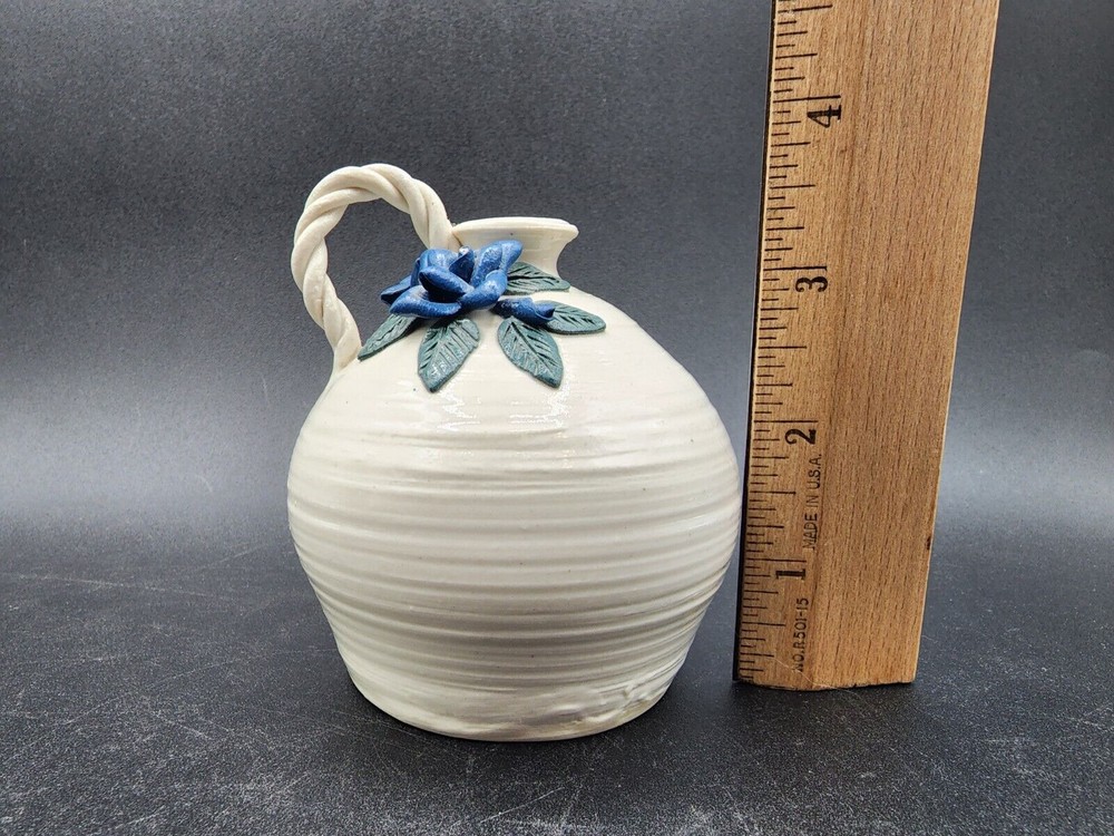 Small Hand made pottery pitcher jug Applied Flowers 3 1/2” Tall Signed