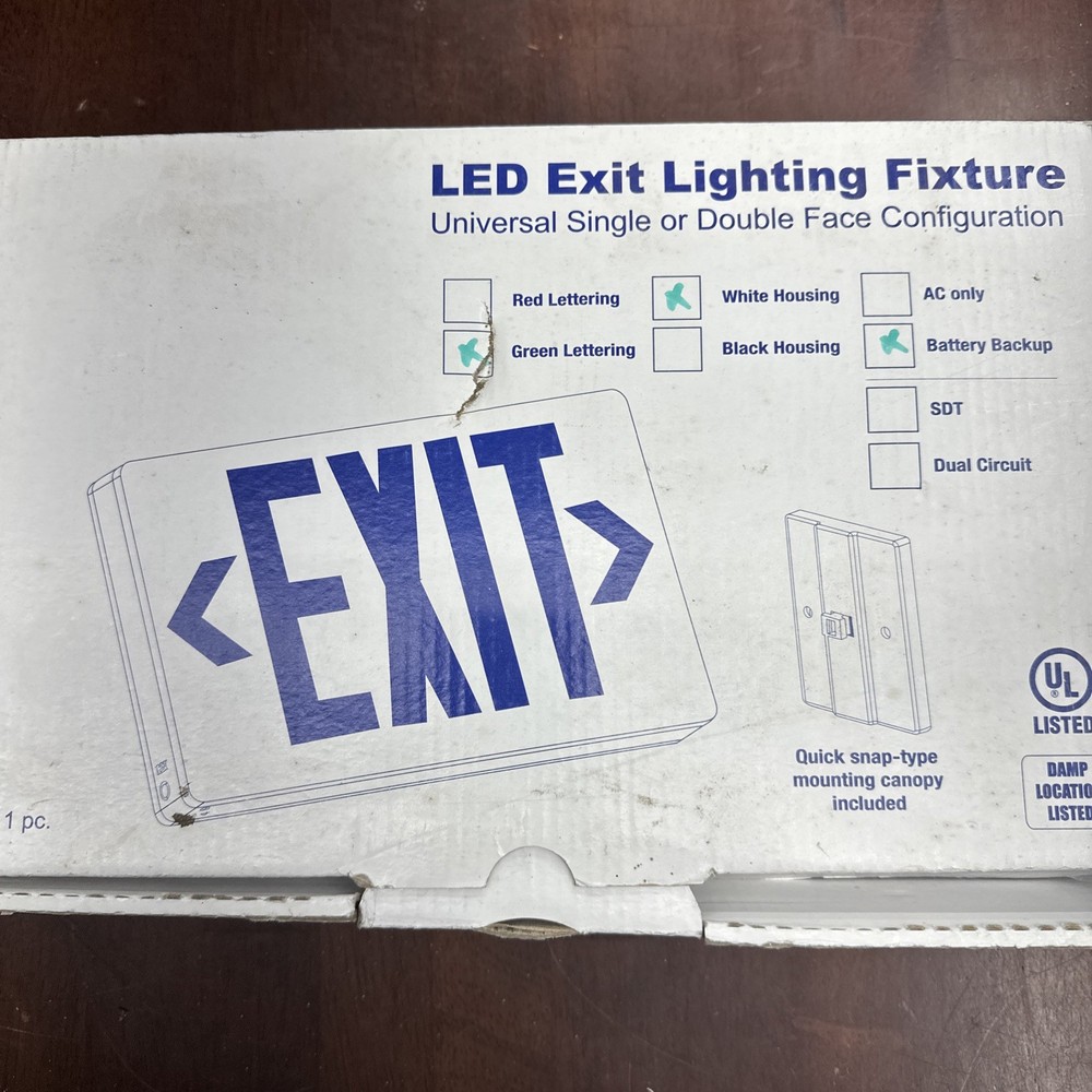 LED Exit Lighting Fixture-Universal Single or Double Face- White w/Green Letters