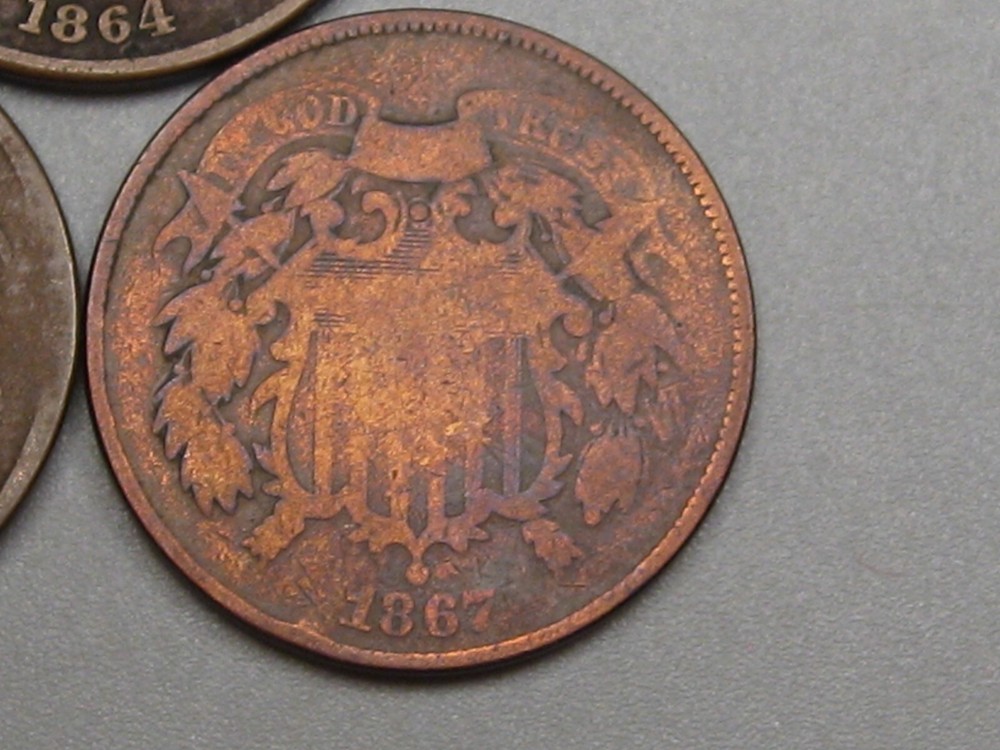 3-US 2¢ Two Cent Piece 1864, 1865, 1867.