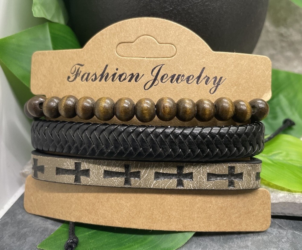 3 PC Wood Bead PU Leather Bracelet Stackable Adjustable Tie New Cross B3631