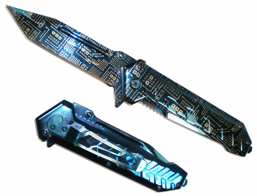 EDC Tool Spring-Assisted Opening, BLUE Heavy-Duty Micro Chip Schematic  Knife.
