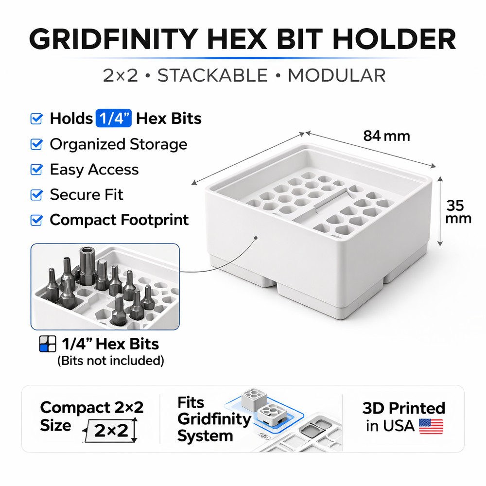 Gridfinity 2×2 Hex Bit Holder Stackable | 1/4" Bit Organizer | Modular Storage