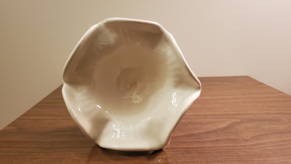 Grape Pattern Compote Ruffled Edge Footed Stemmed White Ceramic