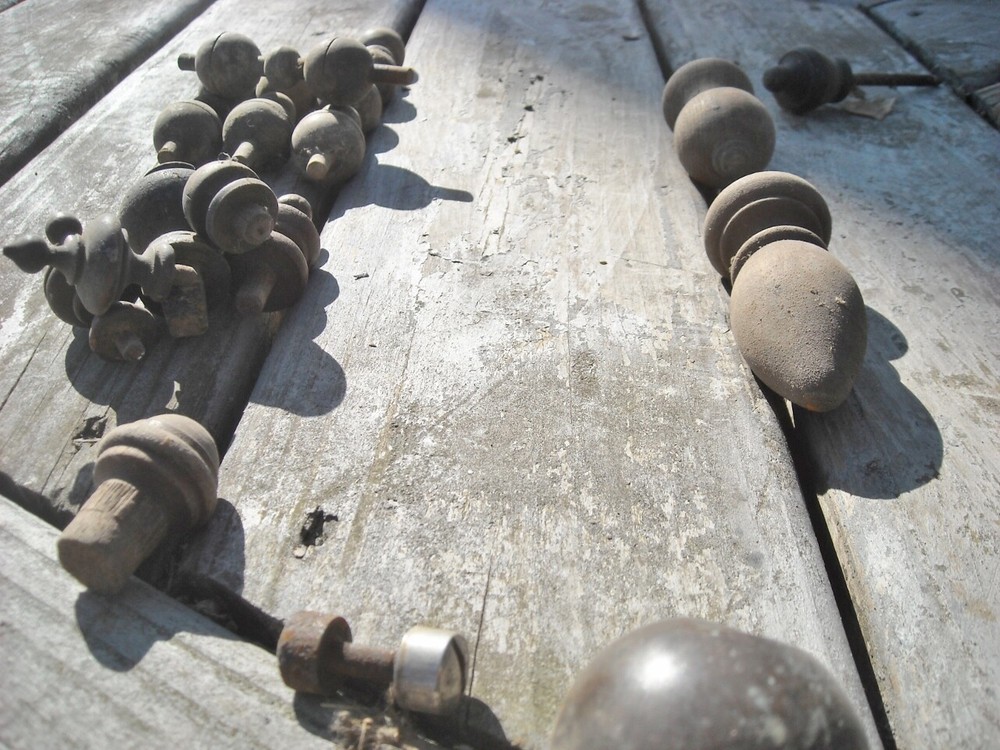 Thirty Five Small Wood & Brass Mostly Finial Type Spindles