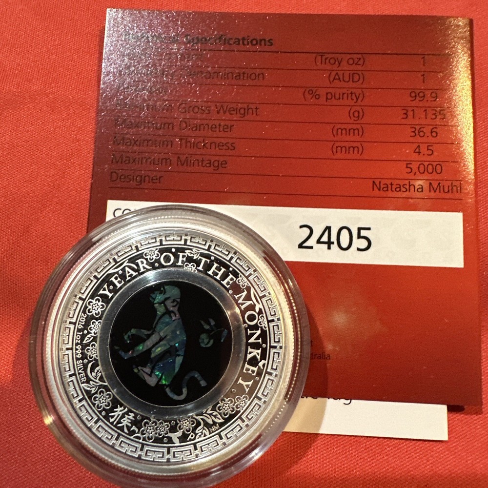 2016 AUSTRALIAN OPAL LUNAR MONKEY 1 oz SILVER W/COA & LIT DISPLAY BOX