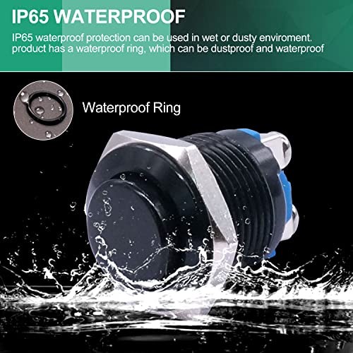 /16mm Waterproof Metal Shell Momentary Raised Top Push Button Switch Black
