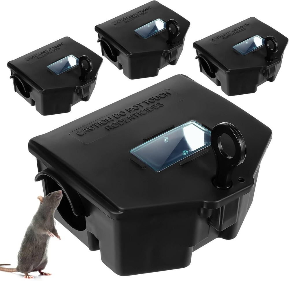 4 Medium Locking Rodent Bait Boxes w/ Key Mouse Rat Control Trap Station Indoor