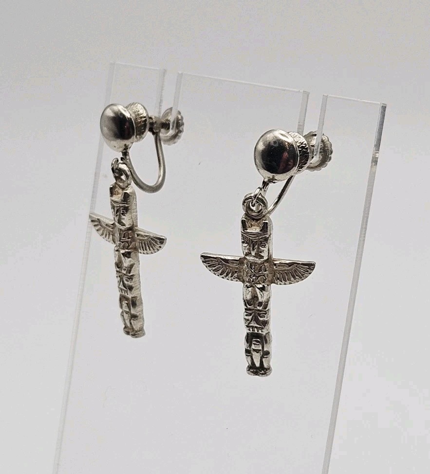 Sterling Silver Vintage Thunderbird Totem Pole Screw Back Dangle Earrings
