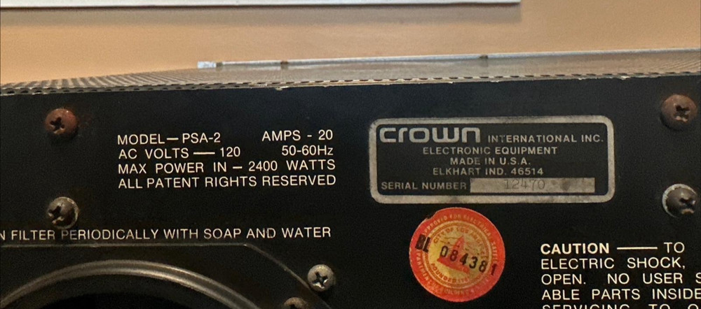 Crown PSA-2 Self-Analyzing Power Amplifier. Untested! Turns on!