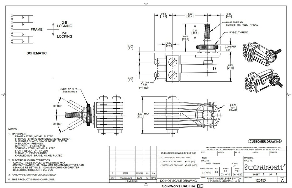 Switchcraft 4-Pole Right Angle Toggle Switch, Parker Guitars & Others