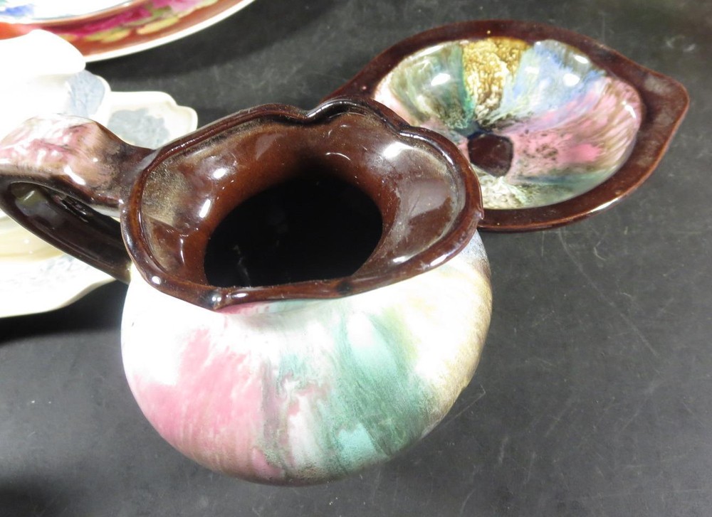 Mottled Brown & Multi-Colored Miniature Pottery Bowl & Pitcher Unknown