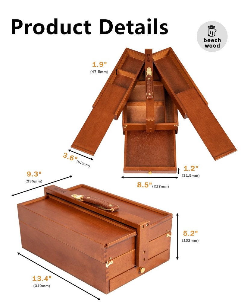 Multi-Function Art Tool Box, Portable Foldable Beech Wood Artist Supply Stora...