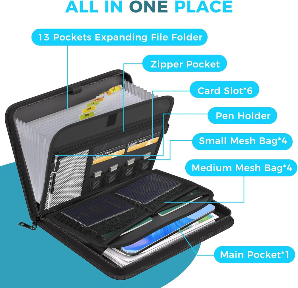 Accordion File Organizer with Combination Lock,Fireproof Expanding File Folde...