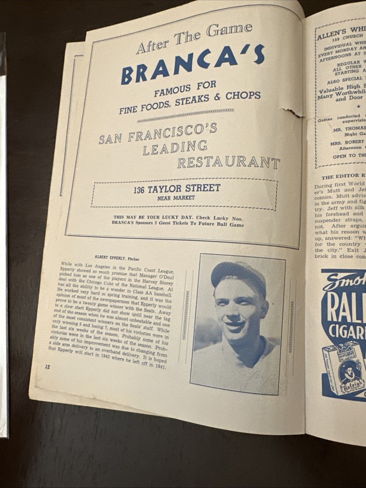 1942 Program Sam Francisco Seals vs Hollywood Stars Scored