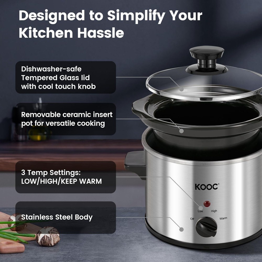 2 Qt Stainless Steel Slow Cooker with Liners, Adjustable Temp Silver