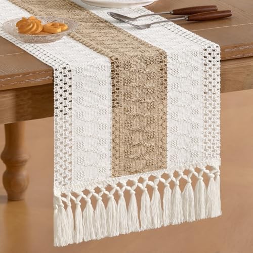 Boho Table Runner Easter Spring Farmhouse Rustic 12" x 48" Brown & Ivory