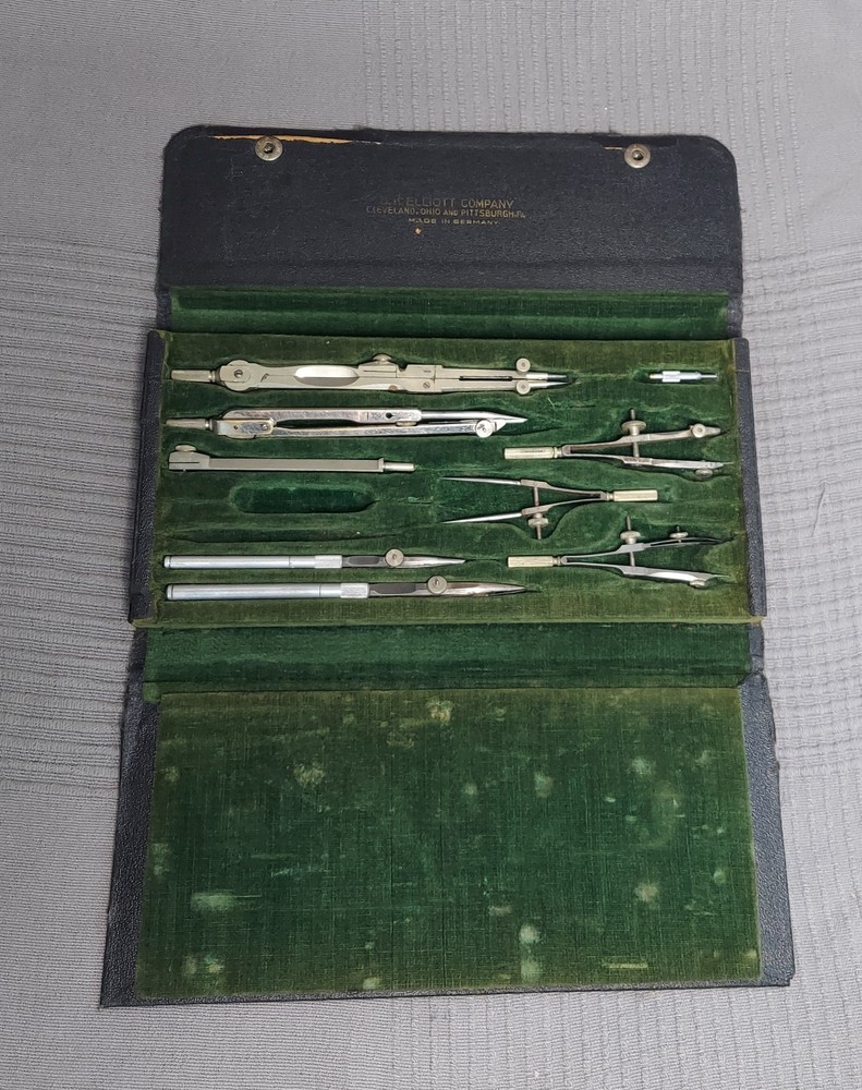 Vintage B.K. Elliott Company Drafting Compass Tool Set With Case