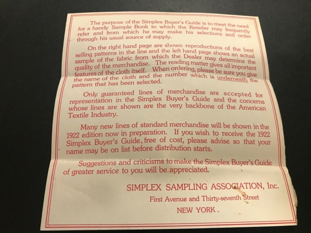 1922 NEW YORK ephemera Simplex Sampling Association, Inc / Buyer’s Guide Sample