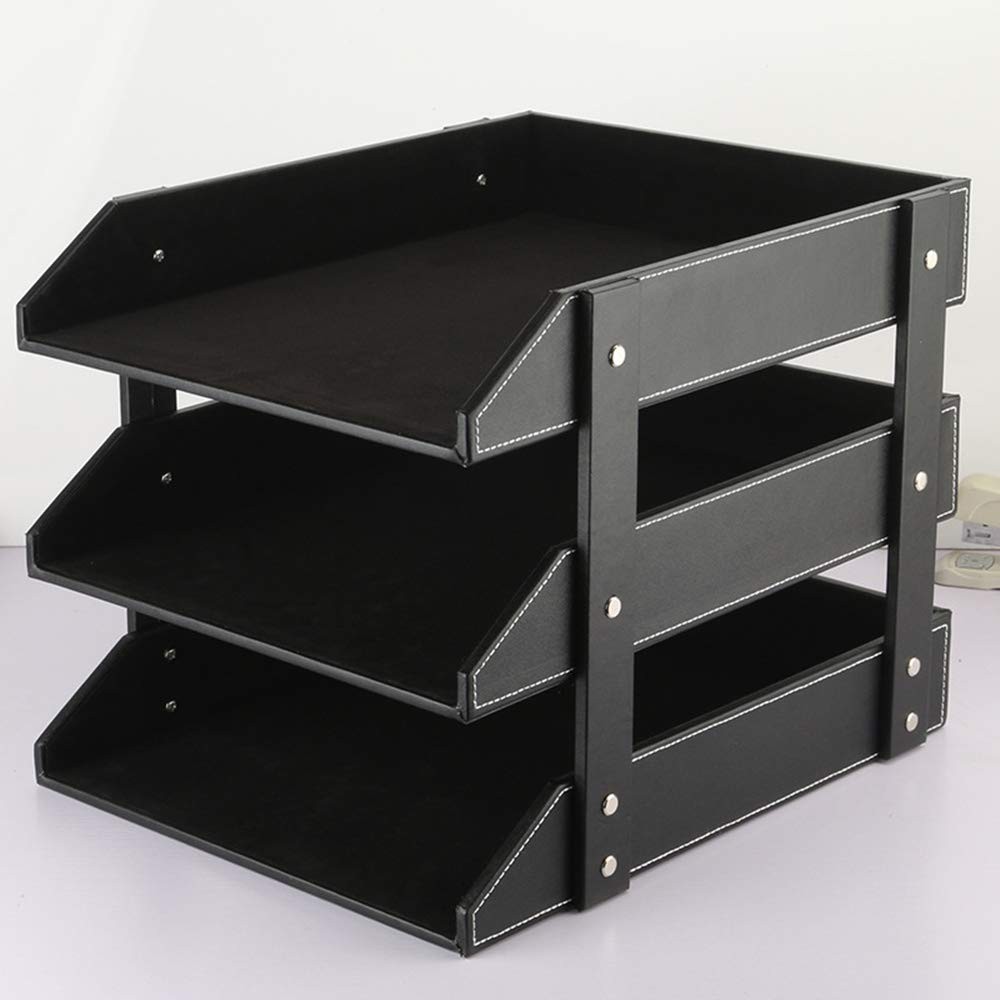 Leather Desk File Organizer, 3-Layer Stackable Tray, Used to documents, folde...