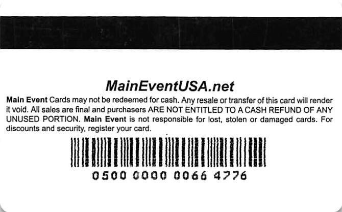 Main Event Play Card with Large Barcode, various US locations