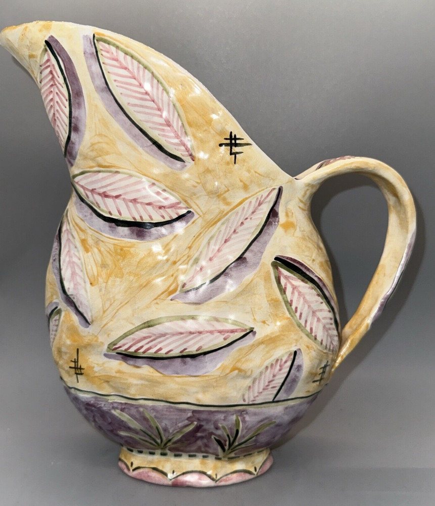 VINTAGE MCM SIGNED ITALIAN? HAND PAINTED POTTERY PITCHER LEAF PATTERN