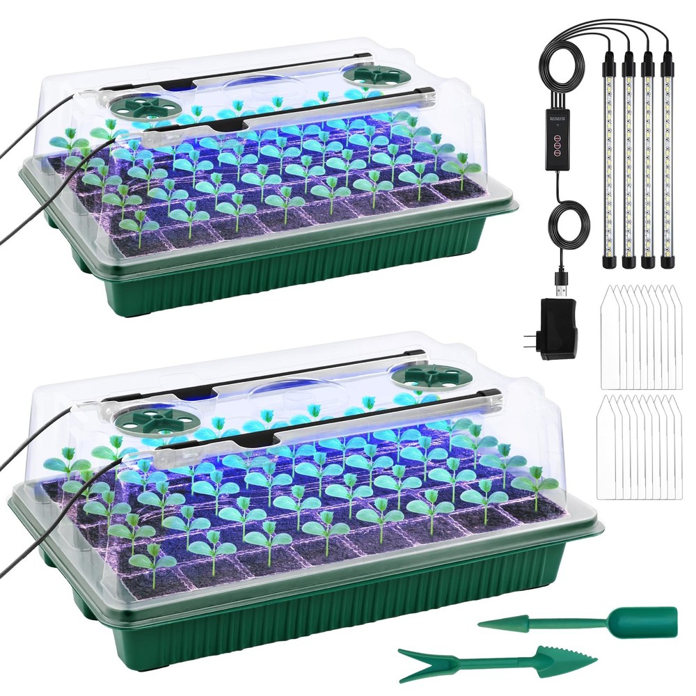 NEWKITS 2-Pack 80 Cell Seed Starter Kit w/ Grow Light, Timer & Humidity Dome