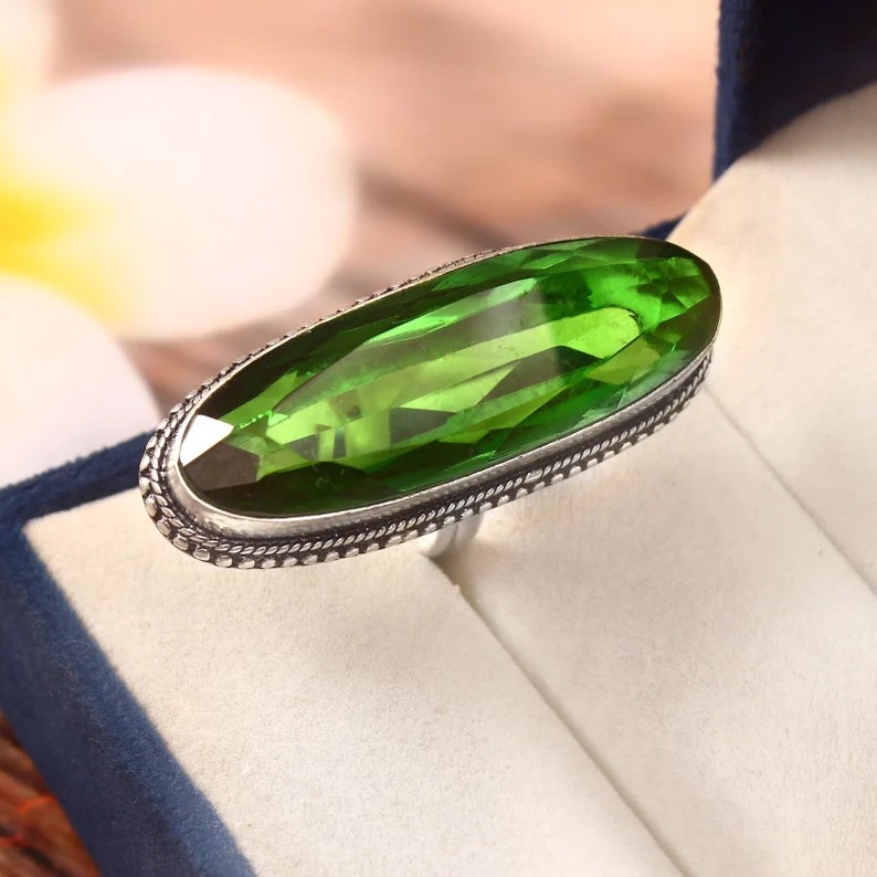 Solid 925 Sterling Silver Peridot Long Green Gemstone Statement Handmade Ring
